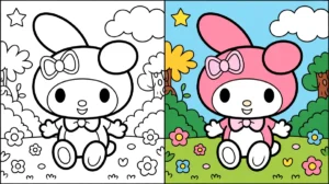 My melody coloring page showing the character in both colored and uncolored versions