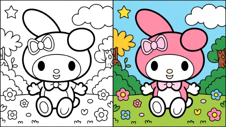 My melody coloring page showing the character in both colored and uncolored versions