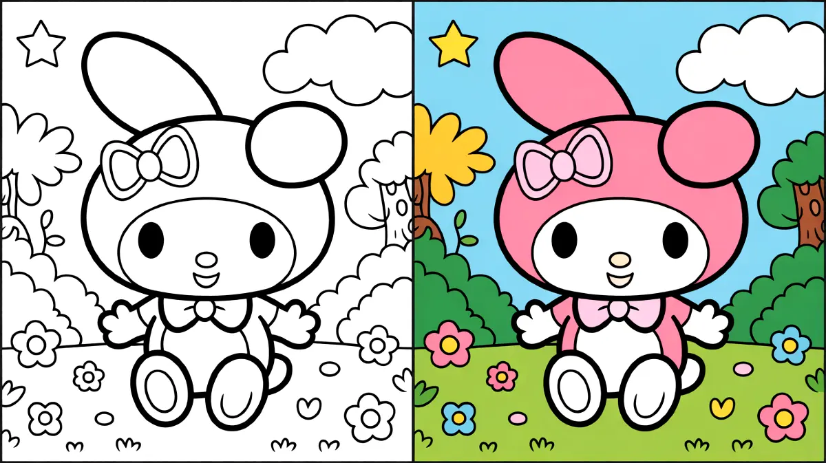 My melody coloring page showing the character in both colored and uncolored versions