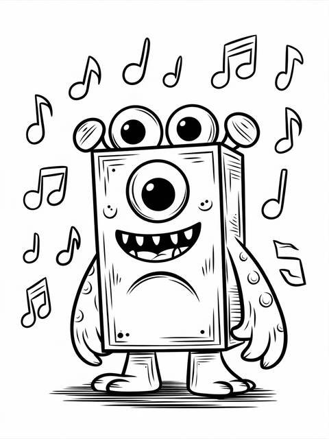 A cheerful wubbox from my singing monsters surrounded by musical notes