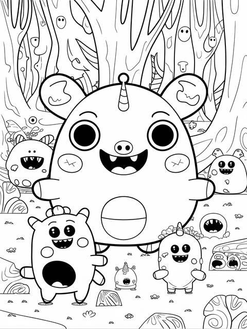 Coloring page featuring a majestic rare wubb from my singing monsters, and other monsters