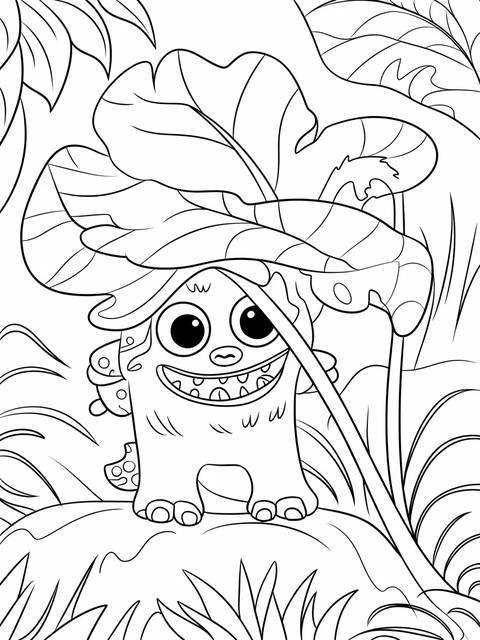 A mischievous dandid from my singing monsters coloring page, hiding under a leaf