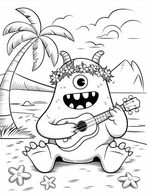 A relaxed my singing monsters hula monster playing a ukulele on a beach