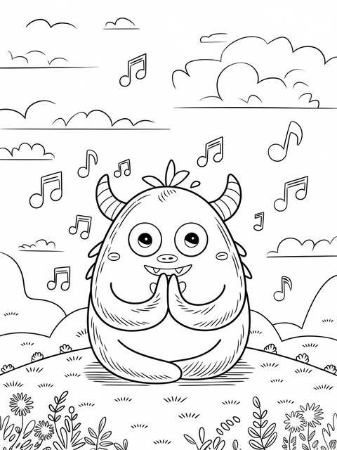 Coloring page of a serene quibble mon from my singing monsters, with musical notes