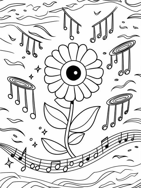 Black and white coloring page featuring a unique flower and musical notes