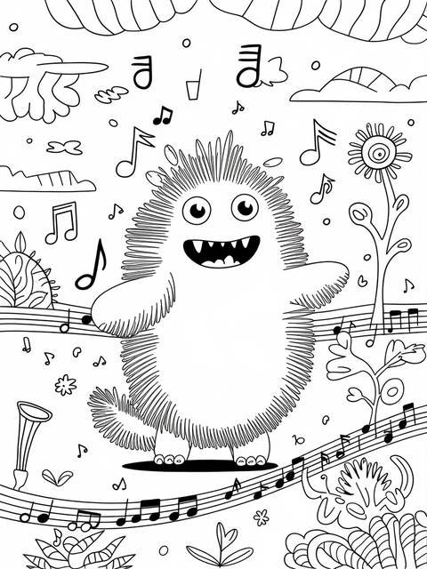 A whimsical furcorn from my singing monsters, surrounded by musical notes
