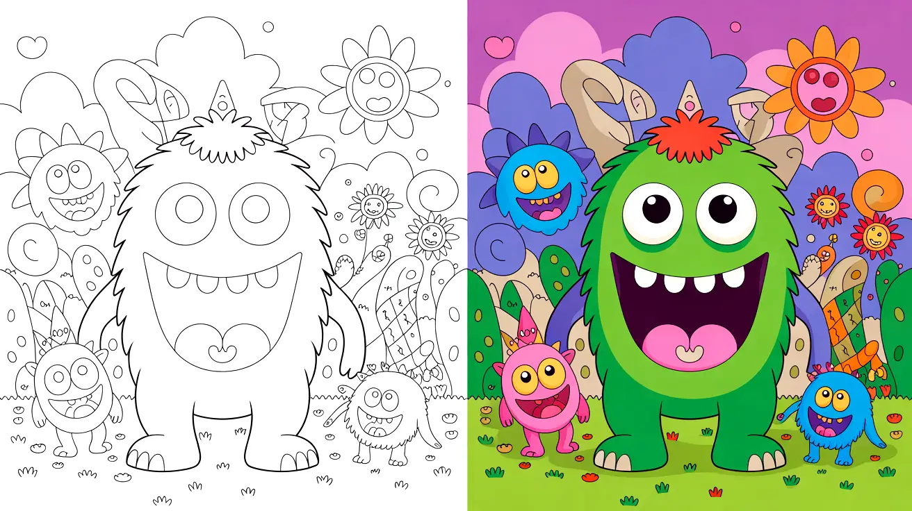 My singing monsters coloring page featuring a large green monster and smaller creatures