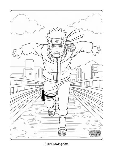 Line art of naruto running on a bridge, arms outstretched, ready for action