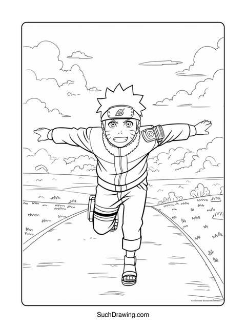 Line art of naruto running on a road with arms outstretched