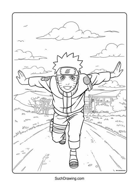 Line art of a young anime character running on a road