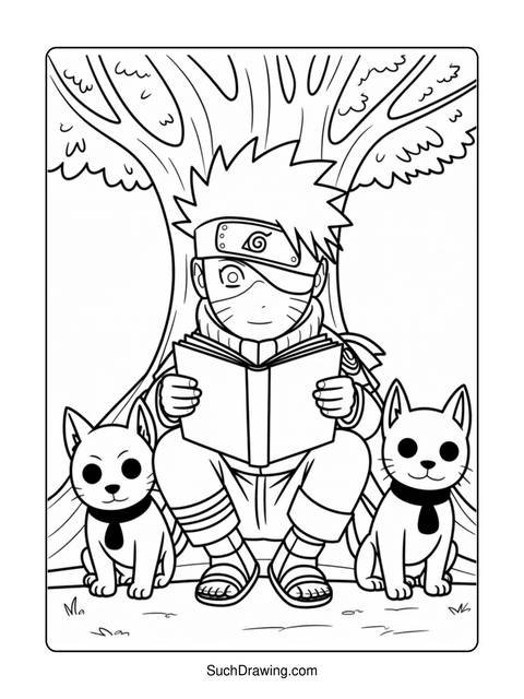 Line art of a person reading with two cats under a tree