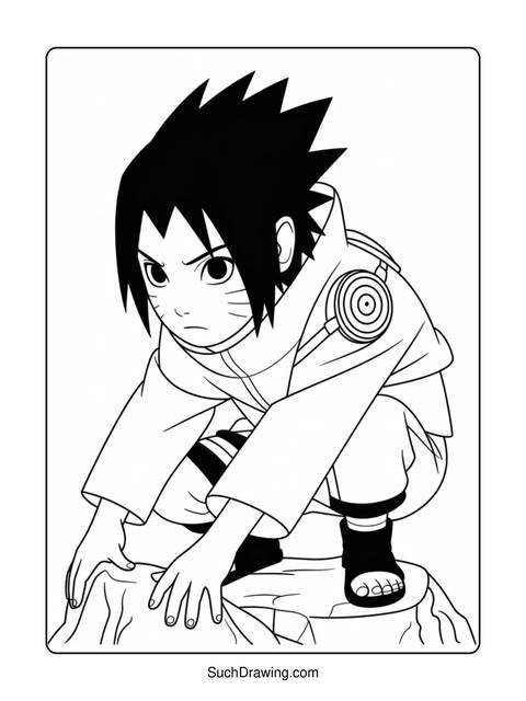 Line art of a young anime character crouching on a rock