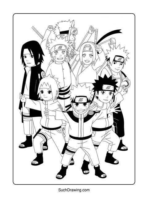 Black and white line art of naruto characters posing together