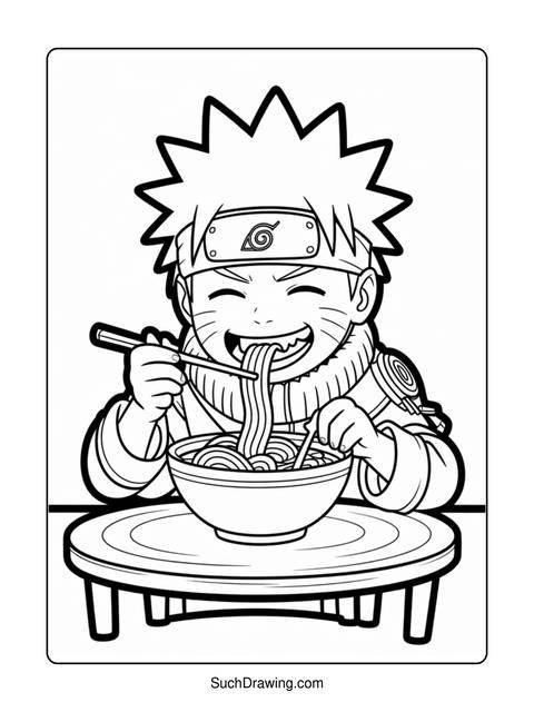 Black and white coloring page of a cartoon character eating noodles