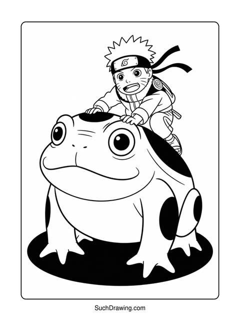 A coloring page of naruto riding a giant frog, both in black and white