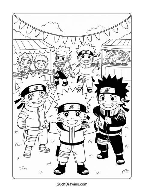 Black and white coloring page of naruto characters at a festival
