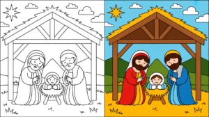 Nativity scene coloring page: mary, joseph, and baby jesus in a manger