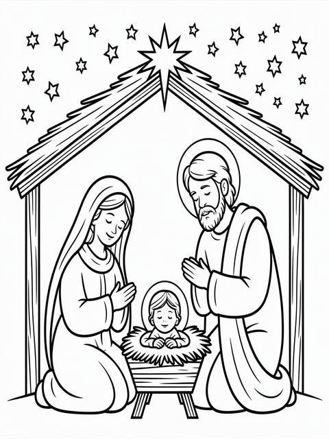 Nativity scene: the holy family in a stable, featuring mary, joseph, and baby jesus