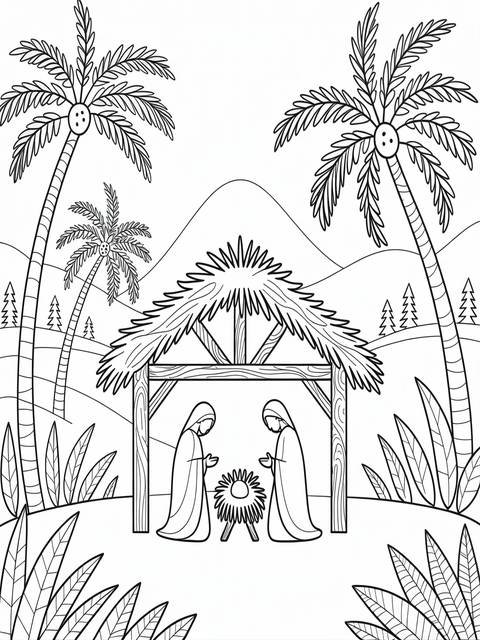 Nativity scene coloring page with mary, joseph, and baby jesus in a manger