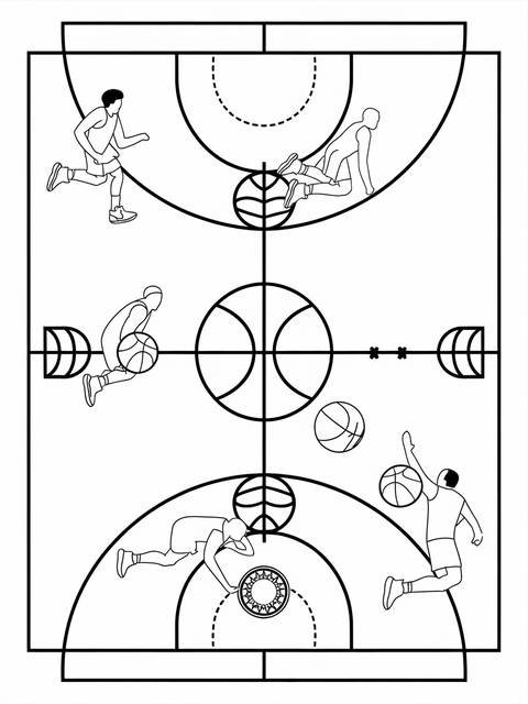 Diagram of an nba basketball court with players and basketballs in action