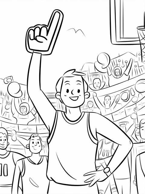 Basketball fan wearing a jersey, holding up a foam finger, celebrating a game