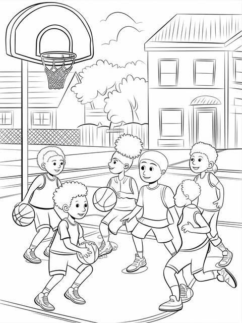 Diverse children playing basketball on a court, a coloring page for nba enthusiasts