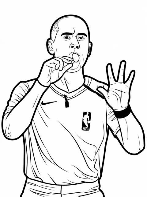 Nba referee making a call during a game, holding a whistle and signaling