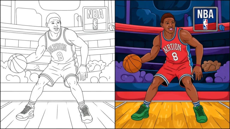 Nba coloring page with a basketball player in action, dribbling the ball