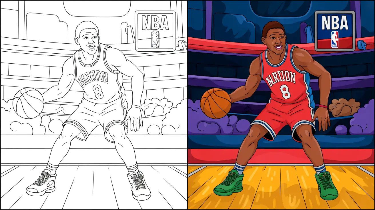 Nba coloring page with a basketball player in action, dribbling the ball