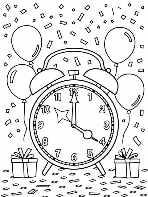 Black and white coloring page depicting a new year's celebration with clock and balloons