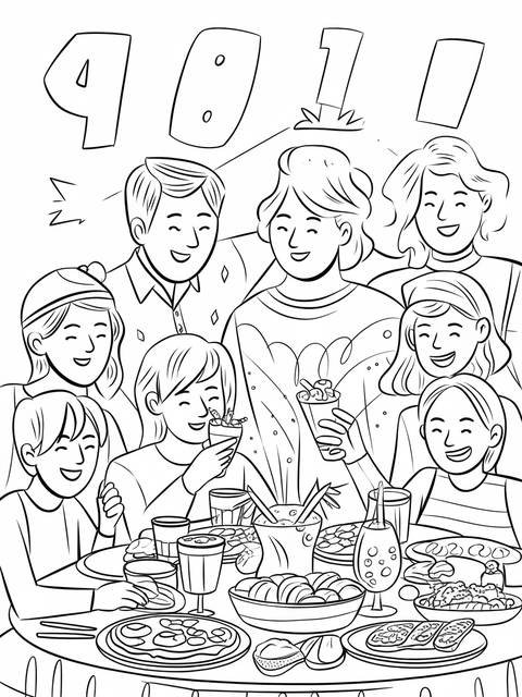 Black and white illustration of a family gathering around a new year's table