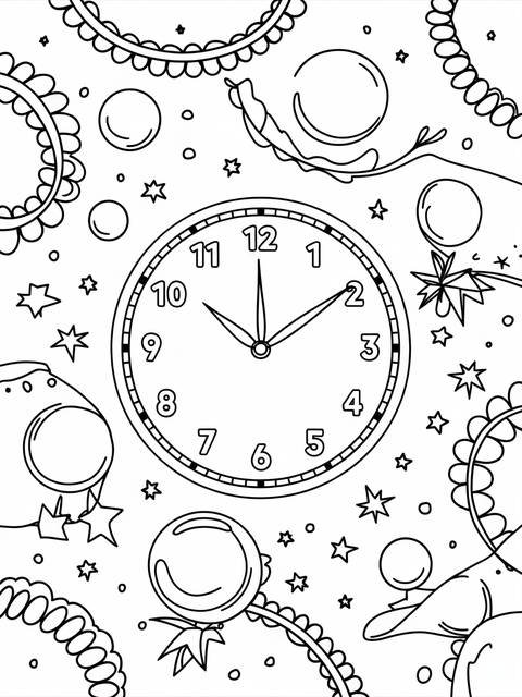 Festive new year countdown coloring page with clock, stars, and decorative elements