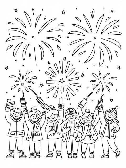 Group of kids celebrating new year with fireworks and festive attire
