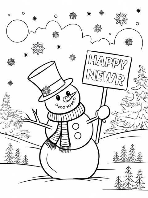 Snowman holding a 'happy new year' sign in a magical winter landscape scene