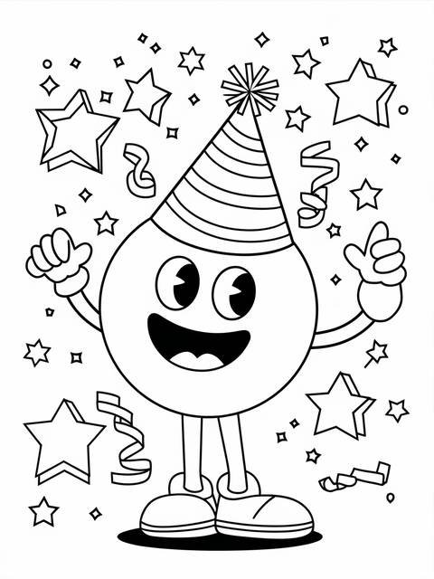 Playful party hat character celebrating new year with stars and confetti decorations