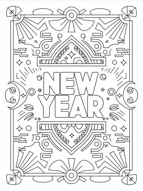 Vintage style new year's eve coloring page with ornate geometric designs and text
