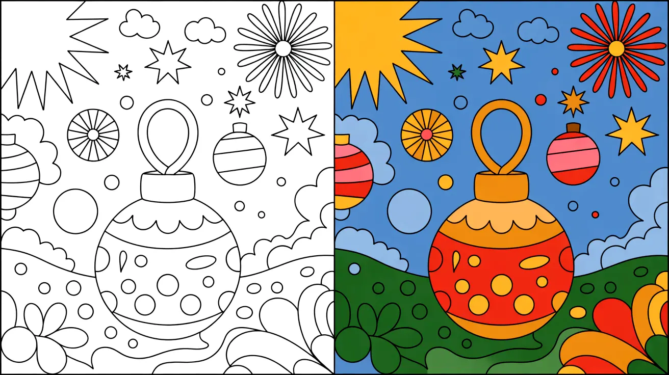 New year coloring page with ornaments and festive designs, two-panel illustration