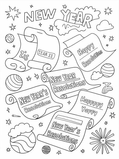 Black and white coloring page featuring new year's resolutions on scrolls and festive decorations