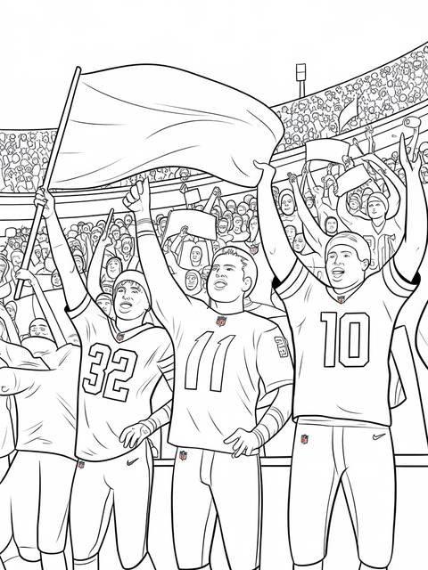 Nfl fans in a stadium cheering, holding flags, and wearing team jerseys