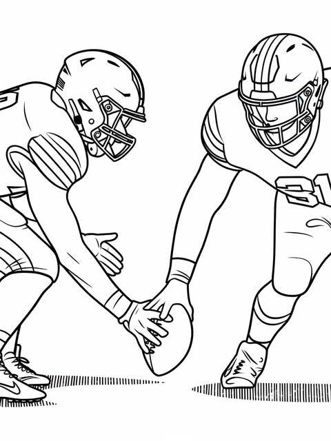 Two nfl football players in helmets, preparing for a snap of the football