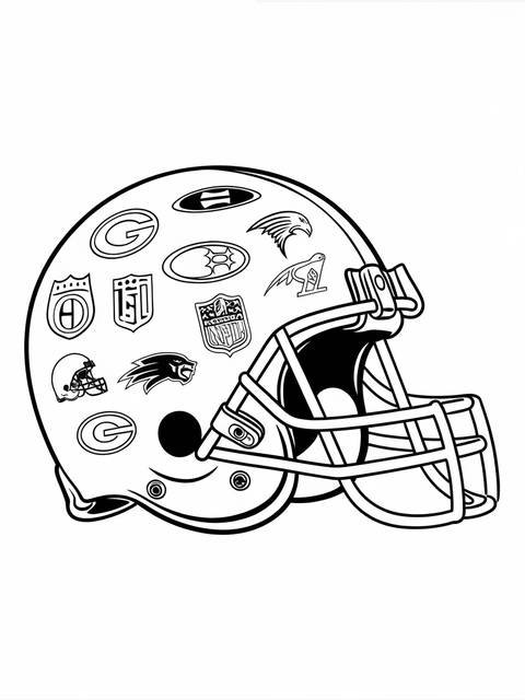 Black and white coloring page of an nfl football helmet with various team logos