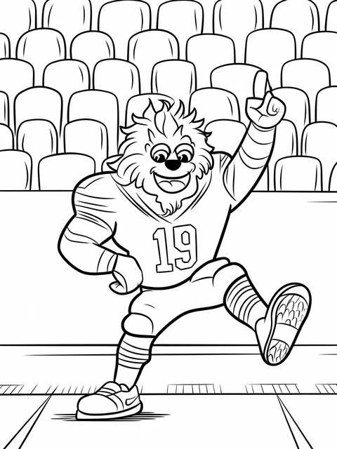 Nfl team mascot doing a fun dance on the field, wearing jersey number 19