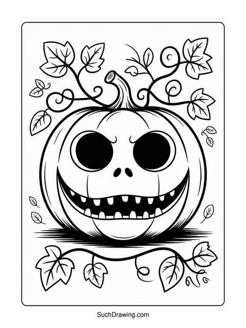 Line art of a grinning jack-o'-lantern with vines and leaves around it