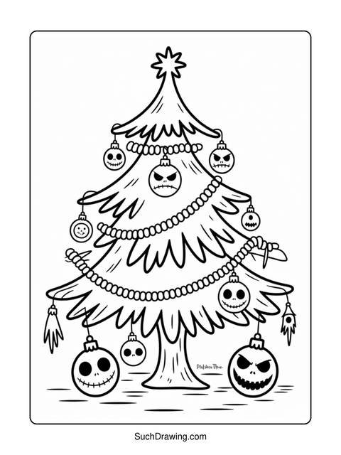 Line art of a christmas tree decorated with jack skellington ornaments