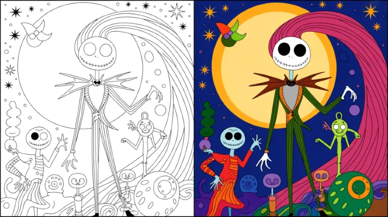 Nightmare before christmas coloring page featuring jack skellington and other characters