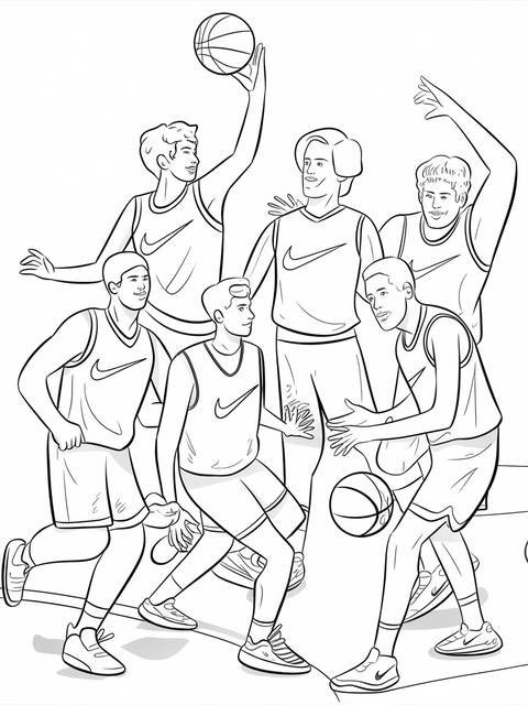 Line drawing of a group of friends playing basketball, wearing nike apparel