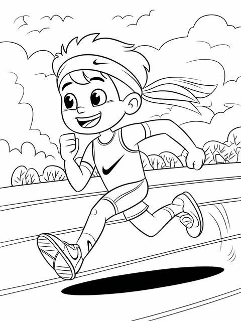 A young athlete, in nike gear, joyfully running on a track, smiling