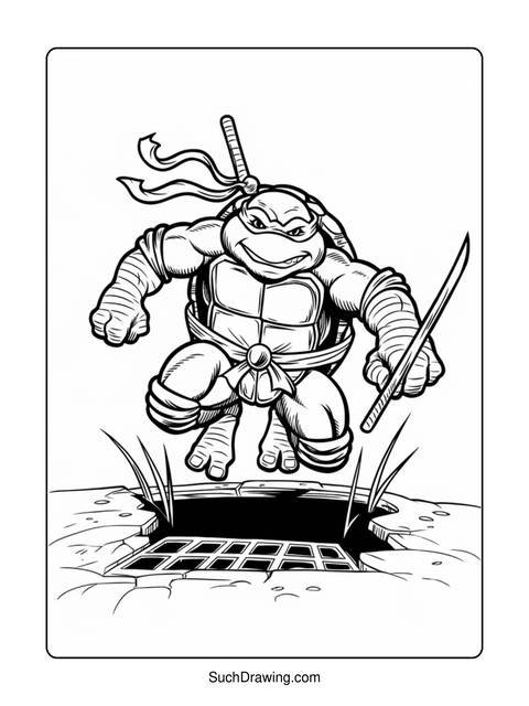 A ninja turtle with a sword jumping out of a sewer