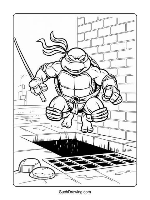 A ninja turtle jumping from a sewer grate with a weapon in hand