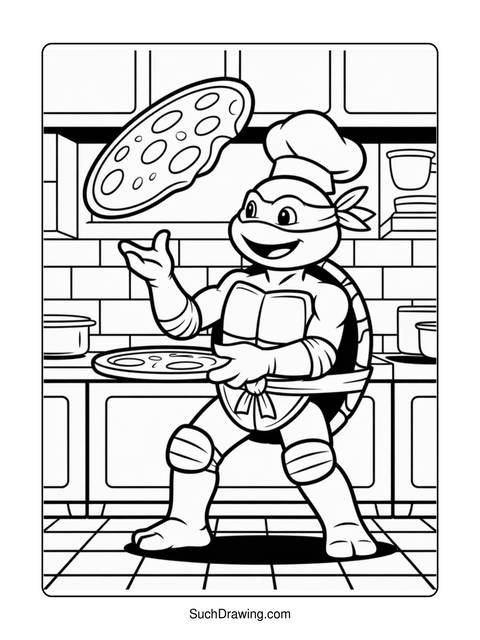 Teenage mutant ninja turtle chef tossing a pizza in a kitchen